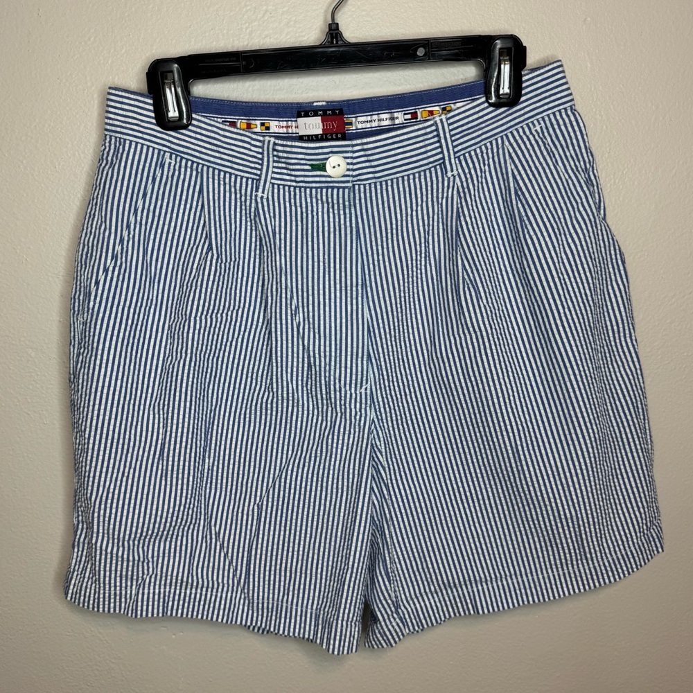 Vintage Tommy Hilfiger Blue and White Striped Seersucker Pleated Shorts